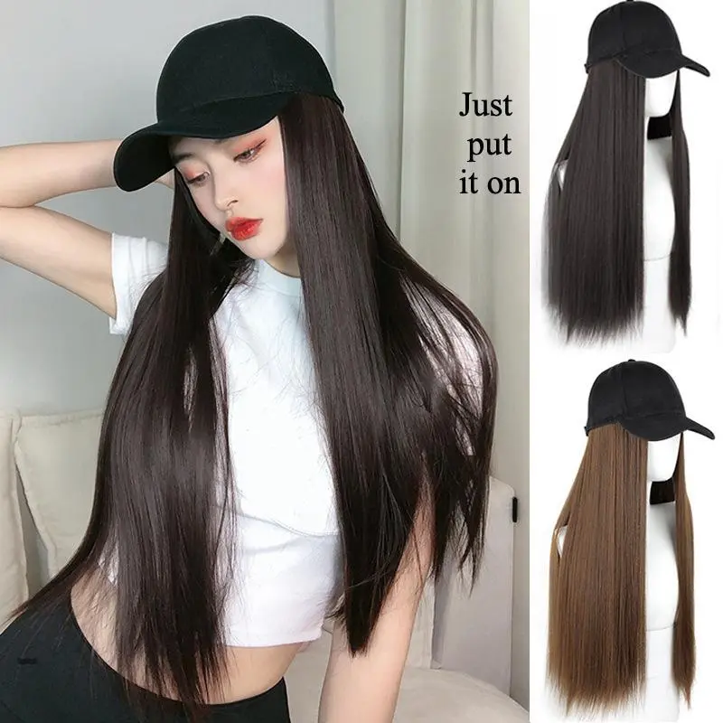 Baseball Cap Hairwig for Women, 23-Inch Long Straight Synthetic Wig with Bangs, Heat-Resistant Fiber, Synthetic Material Wigs, Heat Resistant Wigs
