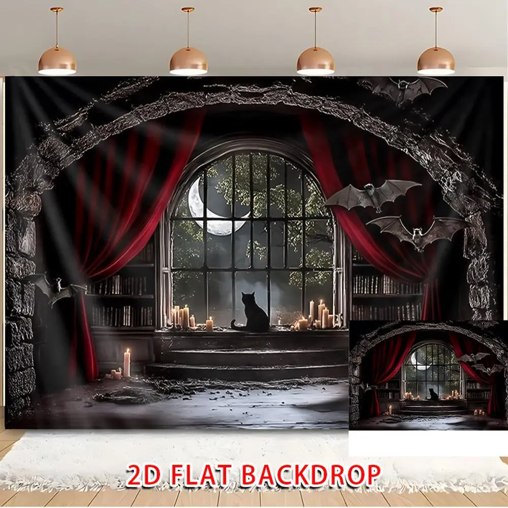 1PC Printed 2D Flat Polyester Halloween Backdrop Banner - Gothic Castle Window, Cat, Bats Tapestry, Reusable Photo Booth Curtain for Photo Booths, Indoor-Outdoor Home Festive Prop