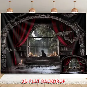 1PC,2D Flat Halloween Themed Backdrop, Gothic Castle Window with Cat & Bats Scene Tapestry, Party Decoration & Photo Background Curtain, Indoor/Outdoor Festival Arrangement Prop
