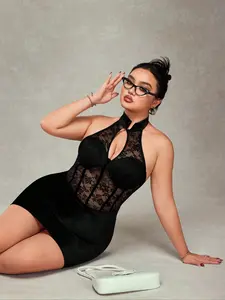 Plus Size Sexy Lace Bodycon Mini Dress for Women, New Chinese Style Qipao-Inspired Traditional Dress with Mandarin Collar, Sheer Mesh Corset Club Dress, Elegant Evening Wear, Evening party dresses, Curvy Velvet Formal Wear Cocktail Party Outfit