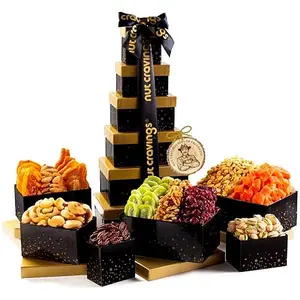 NUT CRAVINGS Gourmet Gift Tower - 6 Tier Dried Fruit & Mixed Nuts Basket with Ribbon - 12 Assortments - Natural & Healthy Gift Box - Perfect for Any Occasion - US Snack Assorted