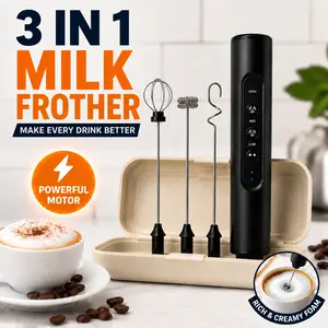 Rechargeable Handheld Electric Milk Frother, 3-Speed Portable Single-Cup Coffee-Making Tool with 3 Whisks & Storage Case for Latte, Cappuccino, Single-Cup Coffee-Making Tools