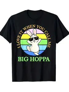 Funny Big Hoppa Easter Bunny Graphic Round Neck T-Shirt For Men Women, Vintage Retro Classic Rainbow Cute Bunny Tee, Casual Cotton Easter Day Party Outfit Top