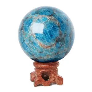 Apatite Stone Sphere with Wood Stand Natural Crystal Ball Healing Mineral Divination Sculpture Figurine Throat Crystal Altar Healing Devotional Focus Spiritual Chakra