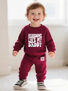 Newborn Baby Boy Casual Fashion Long Sleeve Round Neck Sweatshirt Set, Cartoon Letter Print, All Seasons, Thin Fabric, Fitted Style, Baby Boy Clothes