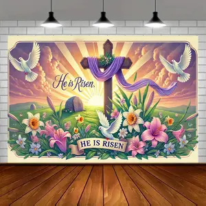 1PC,2D Flat Easter "He is Risen" Themed Backdrop, Religious Decor Banner, Cross, White Doves & Flowers Design, Background Curtain for Church Events, Family Gatherings, Festival Decor, Photograp