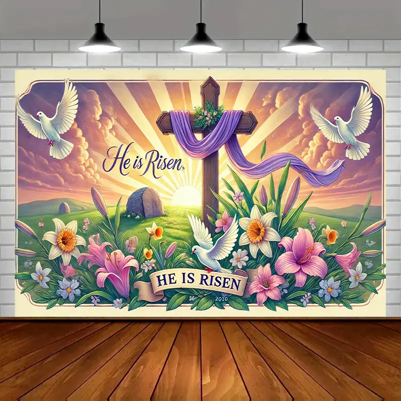 1PC Reusable 2D Flat Polyester Easter "He is Risen" Wall Hanging Backdrop - Religious Decor Banner with Cross, White Doves, Flowers, Party Decoration Supplies for Church Events, Happy Birthday Gatherings