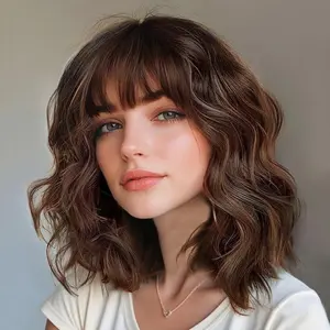 Short Wavy Bob Wig with Bangs for Women, Shoulder Length Synthetic Wig, Brown with Caramel Highlights, Heat Resistant Fiber, Glueless Natural Looking Wig for Daily Wear2026
