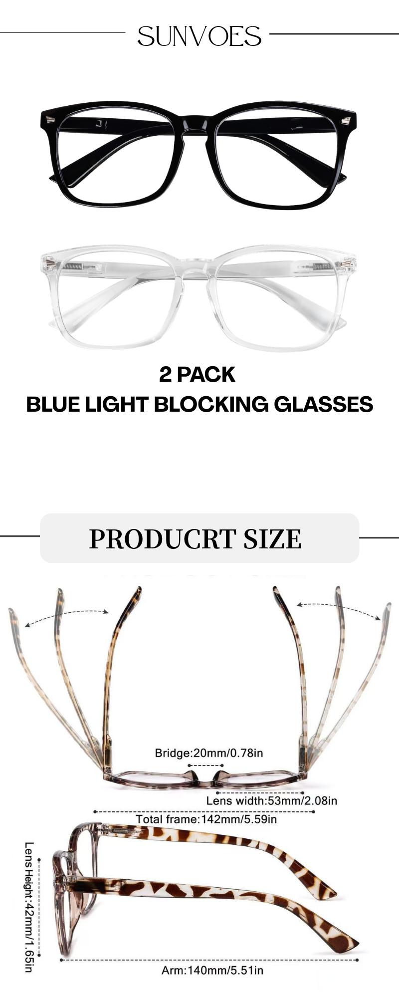 SUNVOES 2 Pack Blue Light Blocking Glasses Spring Hinge For Women Men Unisex - Anti Eyestrain/Glare/Dryness/UV/, Computer Gaming Glasses, Reduce Eye Strain, Sturdy Durable Lightweight Stylish Square Frame,  High-Quality Premium Textured Unisex Accessory.