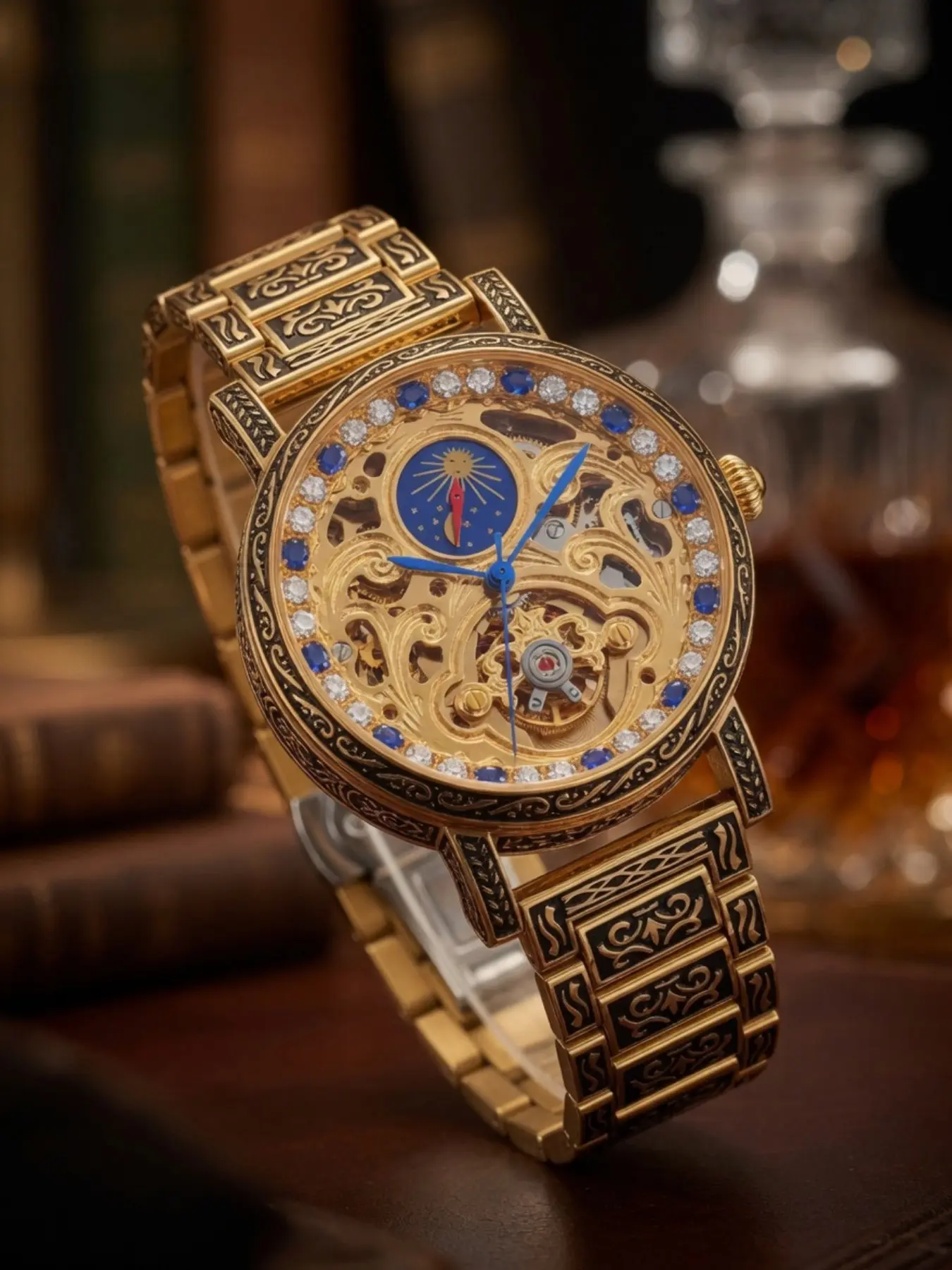Vintage Floral Moon Phase Hollow Men's Mechanical Watch, Luxury Case, Sapphire & Diamond Bezel, Waterproof Stainless Steel Strap