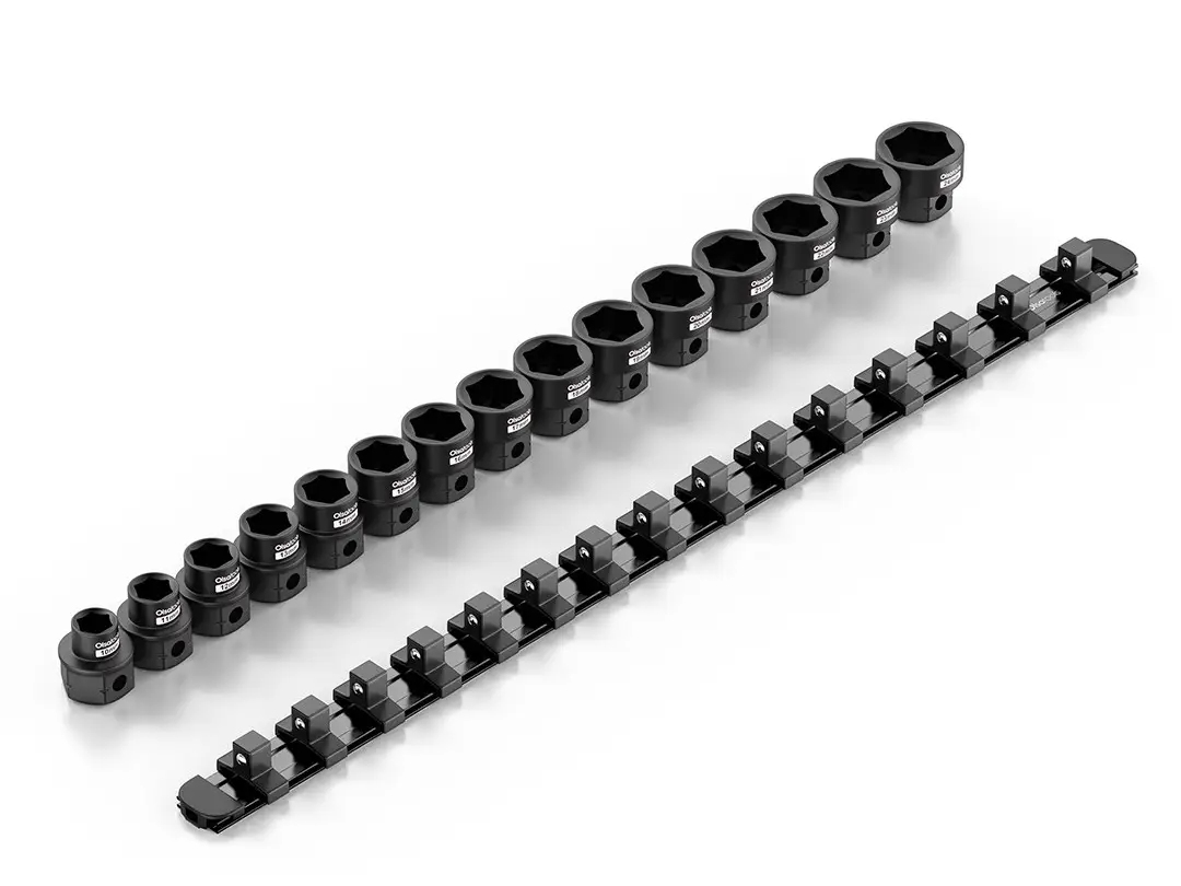 Olsa Tools Stubby Impact Socket Sets - 3/8" or 1/2" Drive, Aluminum Socket Rail, Professional-Grade, Comes in Metric or SAE Sizes