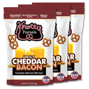 Smoky Cheddar Bacon 3pk.     Knotty Pretzels - "The Official Pretzel of Beer" 7.5 Ounce Individual Seasoned Pretzel in Resealable Snack Bags - Smokey Cheddar Bacon (3 Pack)