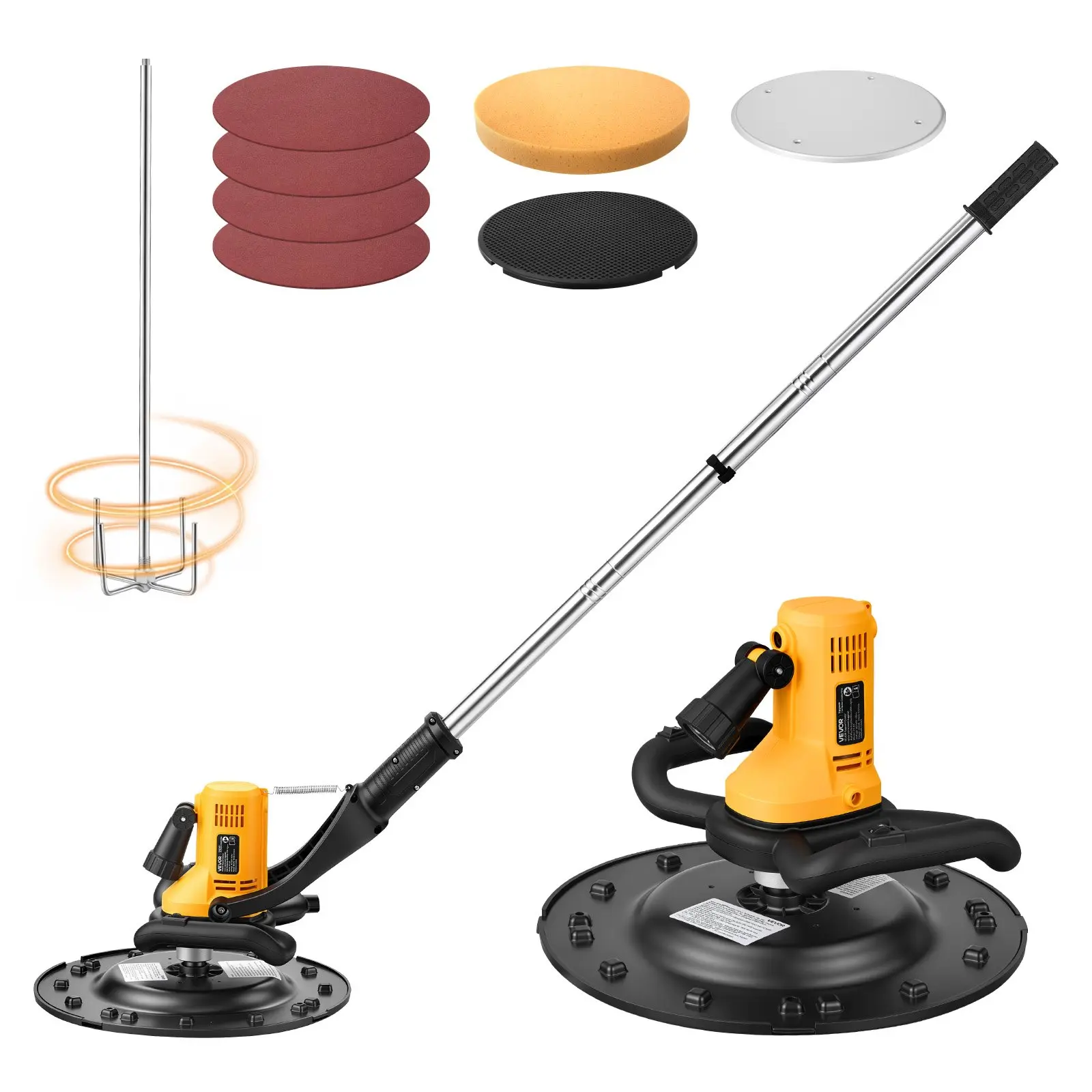 【Summerfinds】VEVOR Electric Power Trowel, 800W Concrete Finishing Machine Corded with Mixing Rod, 6-Speed Adjustable 120–200 RPM, Steel & Plastic Trowel Discs, Extension Handle, Floor Smoothing Cement Finisher