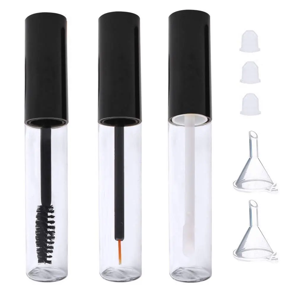 10ml Empty Mascara Tube with Wand, Eyeliner Tube and Lip Gloss Tubes, Black Eyelash Cream Container Bottle with Funnels Transfer Pipettes (3pcs)