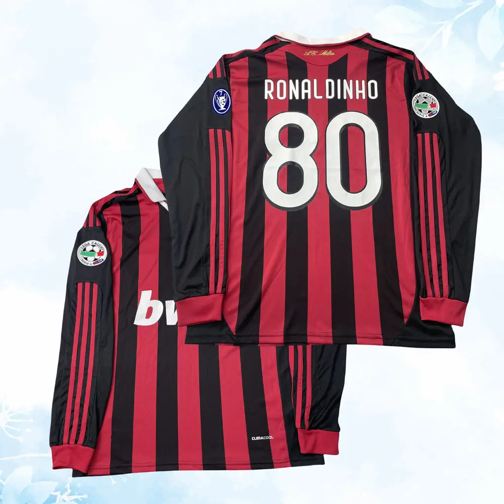 09 10 Home Kit 80# Ronaldinho Retro Long Sleeve Soccer Jersey Fans Version