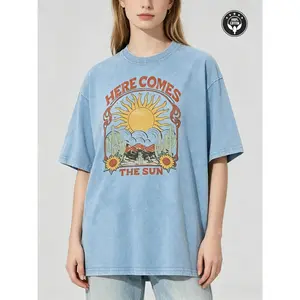 Unisex "Here Comes The Sun" Retro Western T-Shirt, Vintage Washed Blue Desert Cactus & Sun Graphic Tee, Boho Desert Print Short Sleeve Crew Neck Casual T-Shirt