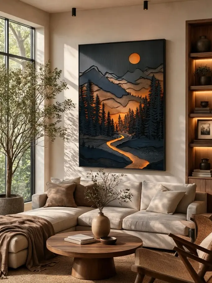Forest Landscape Wall Art Moonlit Mountain Print Rustic Cabin Nature Decor