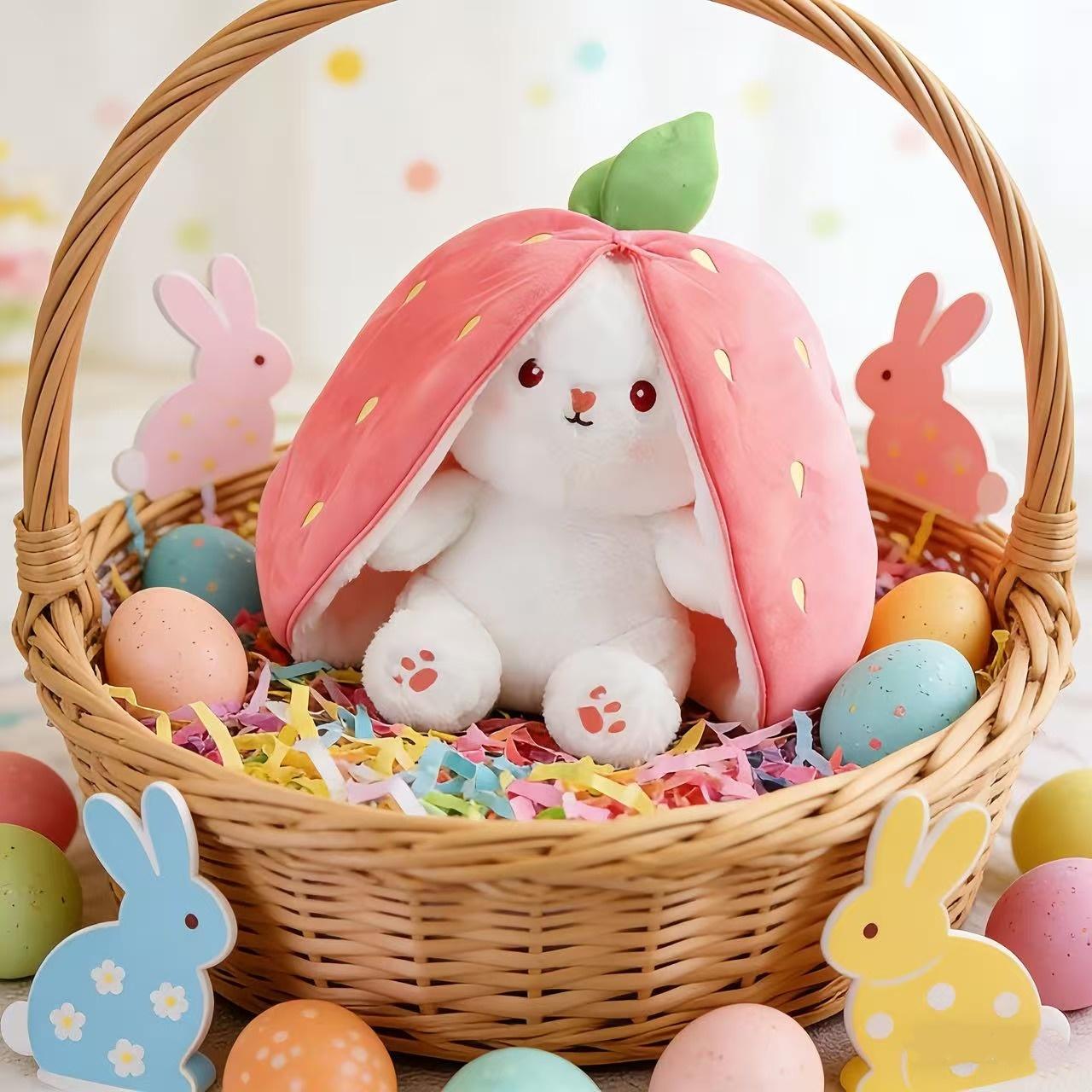 Bunny Stuffed Animal, Strawberry Reversible Cuddle Bunny Plush Doll with Zipper, Cute Soft Rabbit Toys Pillow for Kids and Adults, Easter Bunnies Plushies Gifts