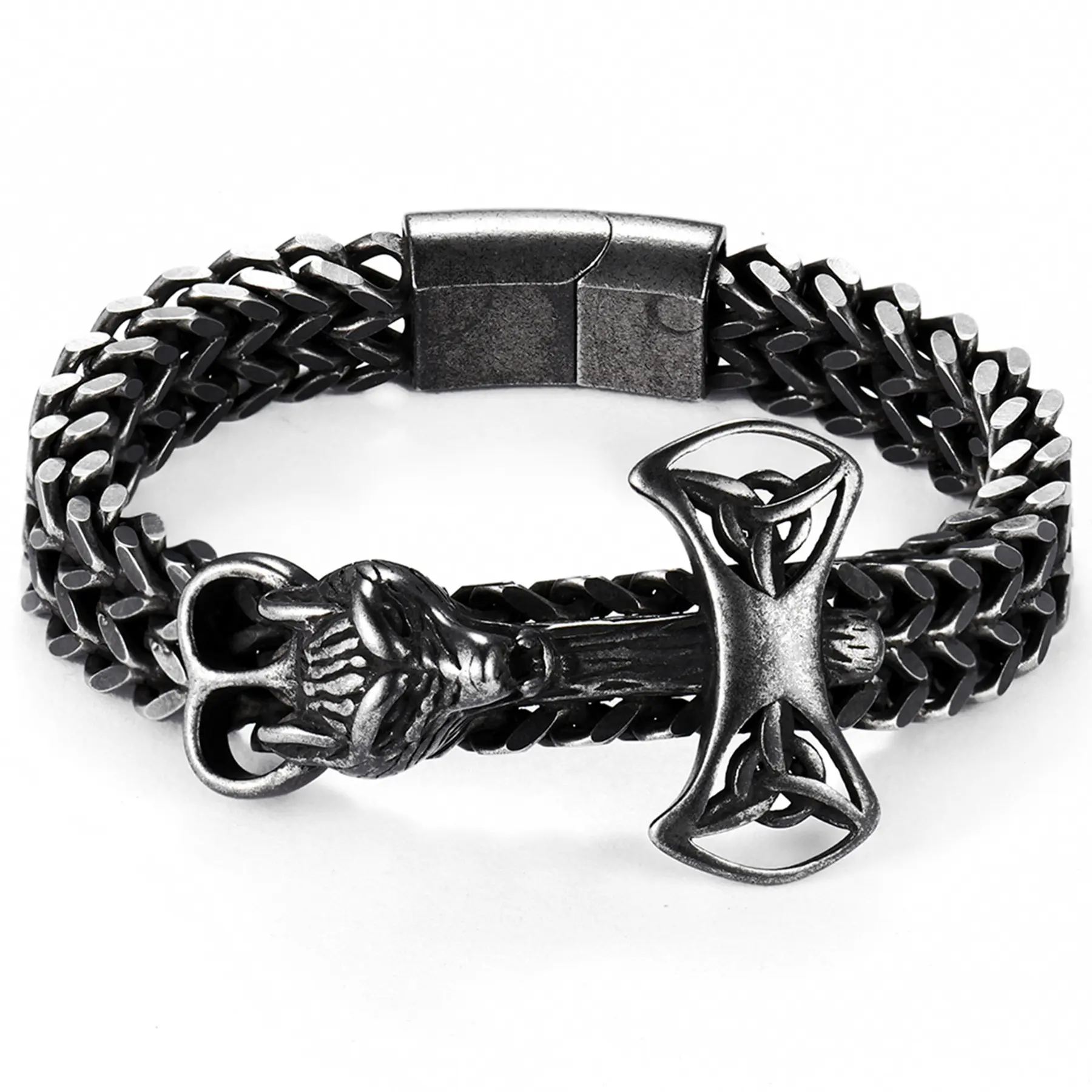 OIDEA Men's Ethnic Viking Chain Bracelet - Antique Stainless Steel Norse Jewelry with Wolf & Hammer, Cast Wolf Heads, Thor's Mjolnir, 8.26 in Pagan Symbol, Weighty Heritage Gift Idea for Males