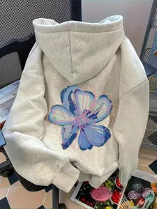 Women's Floral Print Hooded Knit Sweatshirt, Casual Loose-Fit Drawstring Pocket Pullover, Fall & Winter Fashion Outdoor Wear