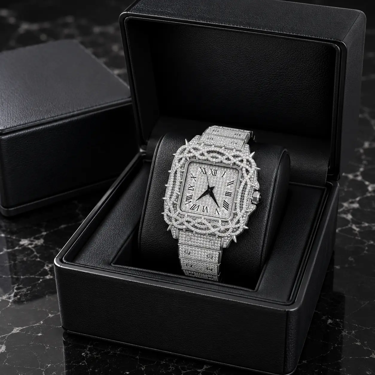 Cuban Thorn Iced Watch in Fine White Gold 18K– Silver Tone, Full Pavé Dial & Iced Bracelet Pass Diamond Test