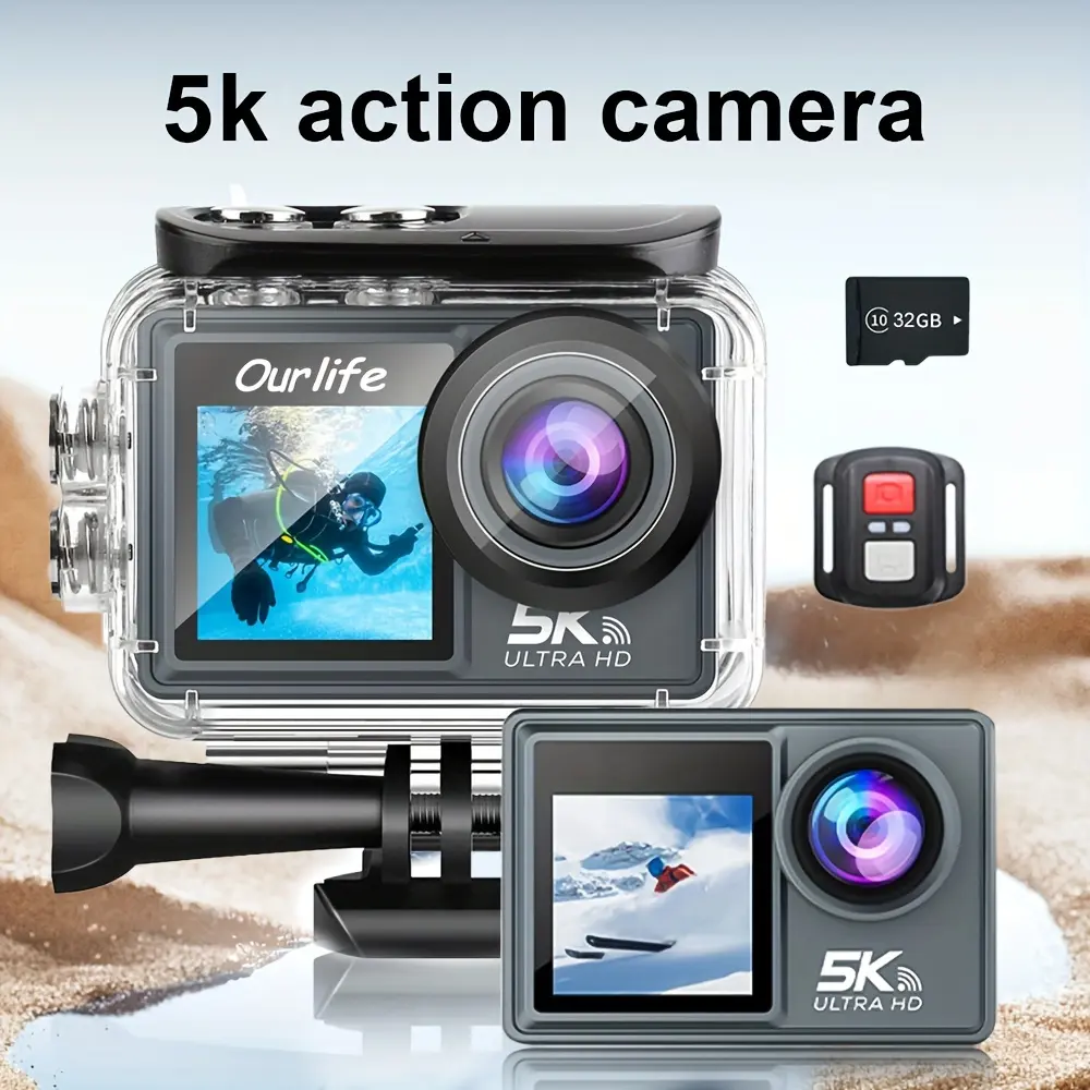 5k30fps 24mp Sports Action Camera with Remote Control, Includes 32GB Memory Card, HD Wide Angle Lens for Surfing and Skiing