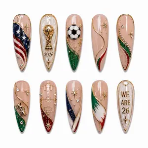 Soccer Press On Nails 3D International Football Gold Trophy Glam USA Mexico Canada Game Day Country Flag