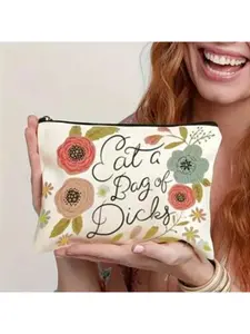 Rose Print Canvas Storage Bag With Funny Text, Unisex Travel Storage Bag Cosmetic Storage Bag Cosmetic Storage Bag Mini Bag Travel Small Makeup Case Accessories Makeup Holder Brush Bag Makeup Container Makeup Bag Travel Essentials Women's Accessories Trav