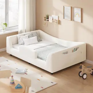 HAUOMS Twin Floor Bed, Low Montessori 2-in-1 Beds, with Slats and High Rails, Upholstered Teddy Boucle, Curve Round Frame for Girls and Boys, No Box Spring Needed, Easy Assemble