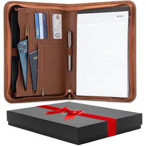 Padfolio Binder - Professional Faux Leather Travel Organizer Pouch for Tablet, Documents, Presentation Folders, Zipper Closure, Notepad - Brown