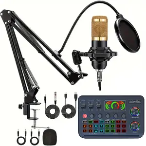 Podcast Microphone Equipment Bundle, Live Dj Gear with Voice Changer & Mixer, RGB Light Button, Wireless Connection, Karaoke Singing, Live Audio Mixer