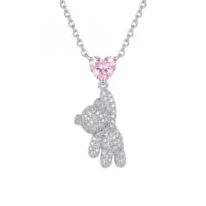 925 Sterling Silver Hanging Teddy Bear Heart Pendant Necklace Multi Color Heart Cubic Zirconia Dainty Kawaii CZ Necklace Hypoallergenic Jewelry Gift For Women Teen Girls