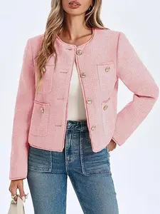 Womens Cropped Tweed Blazer Collarless Casual Business Suit Jacket Fall Elegant Outerwear