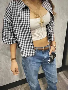 Women's Plaid Short Sleeve Fitted Shirt Blouse Top Womenswear, High Street Vintage Style, Casual Unique Trendy Fashion, Streetwear Fresh Simple Outdoor Wear