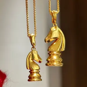 Medieval Knight Horse Pendant Necklace, Thick 18K Gold Plated Chess Piece Charm, Gift Idea Freedom Courage and Power, Vintage Warrior Spirit Jewelry, Aristocratic Noble Inspired Design, Unisex Minimalist Clavicle Chain, Quiet Aesthetic Daily Outfit Party