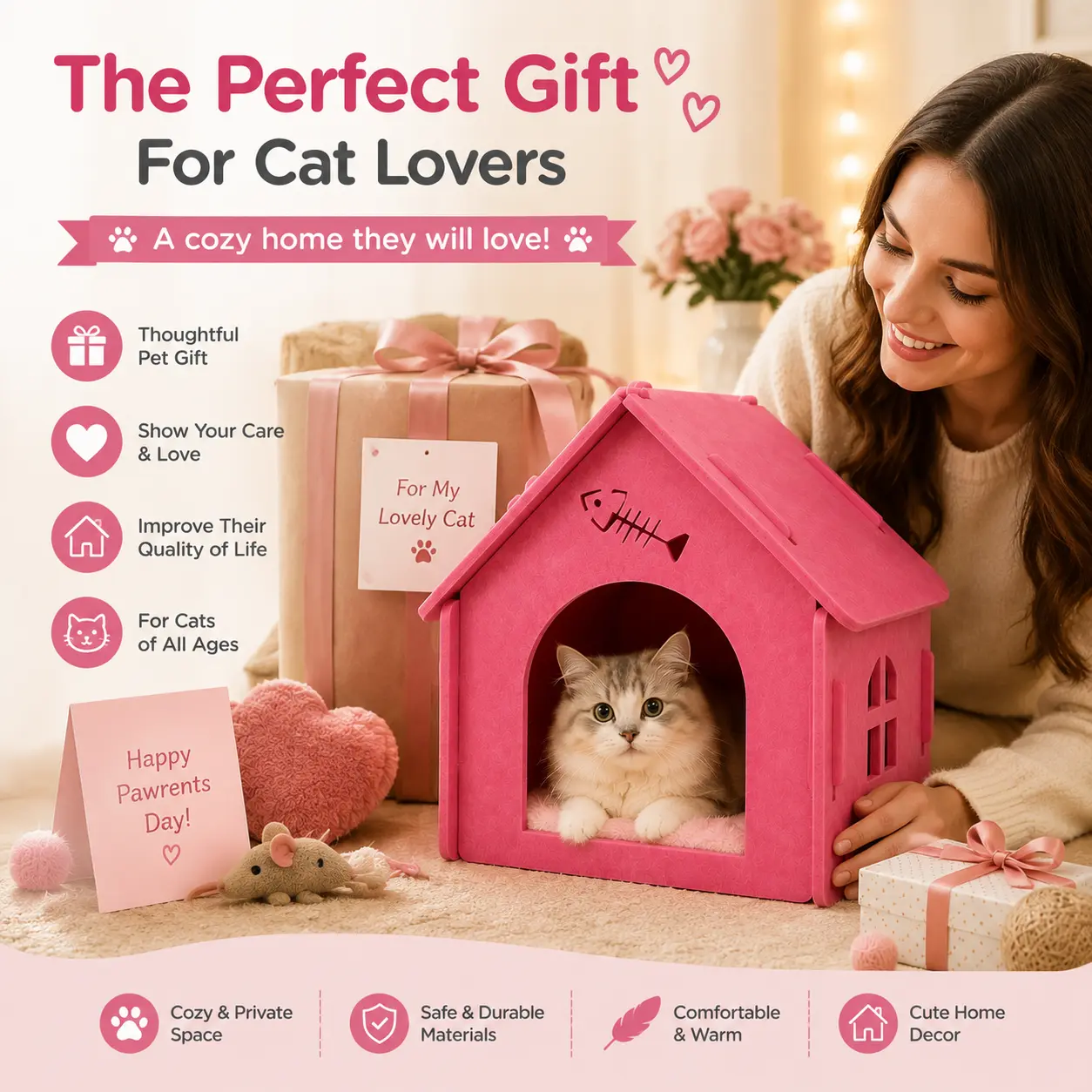 Charming Indoor Cat House Hideaway, Plush Cozy Bed for Cats & Kittens.Private Sleeping Space, Comfortable Cat Furniture Perfect for Home Decoration