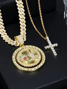 4pcs/set Fashion Charm Iced Out Blingling Rooster Pattern Disc Rotatable Pendant, Copper Zircon Cross Pendant, Shine Cuban Chain Necklace, Cuban Link Chain