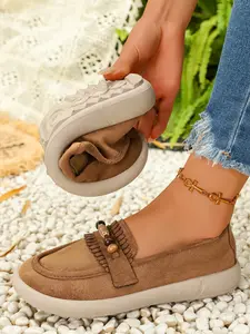 Women's Fringe Beaded Round Toe Low Heel Loafers, Slip-On Lazy Design, Casual Polka Dot Pattern, Perfect for Daily Commute & Leisure