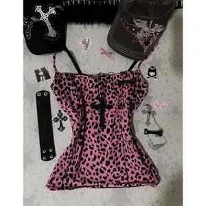 Aesthetic Pink T shirt Streetwear Women Clothing Punk Hip Hop Camis Slim Leopard Femme Tank Top Grunge Y2k Crop Tops T shirts