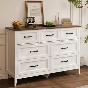 Gizoon Farmhouse 7 Drawers Dresser White Chest of Drawers with Metal Handles 47" Wide Wooden Storage Organizer for Kids Bedroom Hallway Living Room Girl Apartment Furniture Space-Saving