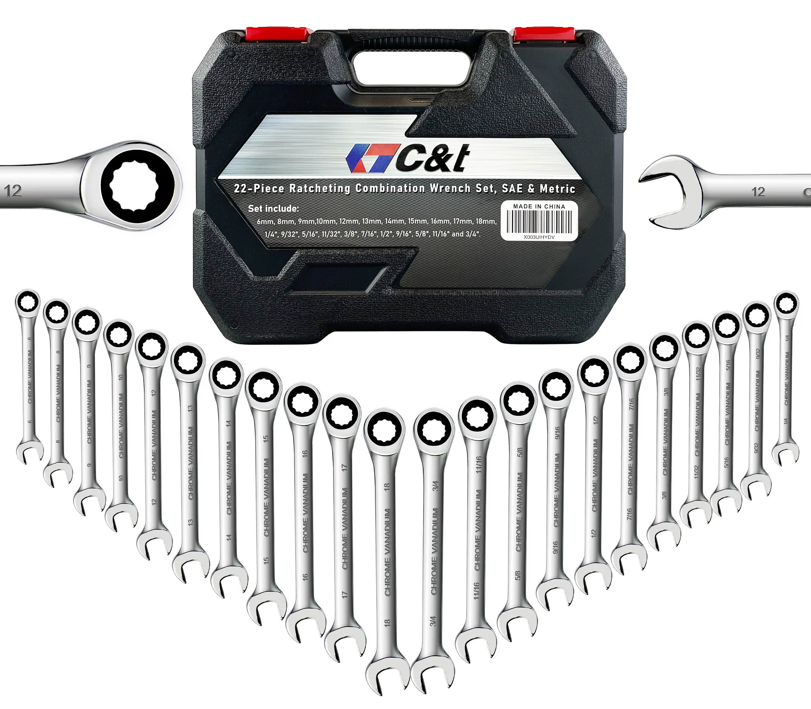 C&T 22-Piece Original Ratcheting Combination Wrench Set, SAE & Metric, 72 Teeth, CR-V Steel, Includes 1/4"-3/4" & 6-18mm Wrenches with Organizer Box