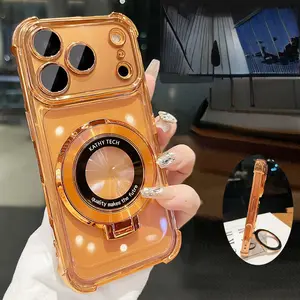 [KQ]New Fashion DIY Magnetic Bracket Phone Case With Four Airbag Corners Shockproof Electroplated Clear Hard Acrylic For IPhone 17 Pro Max Air 11-16 Plus With Camera Lens Protector Magsafe Kickstand Holder Protection Transparent Durable Protective Casing