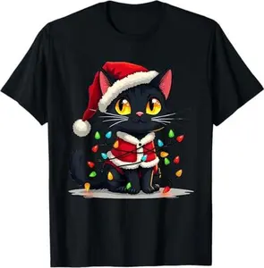 Black Cat Christmas Tree Led Light Funny Cat Lover Christmas T-Shirt