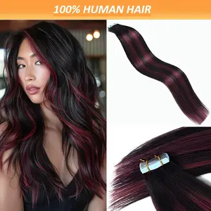 New Wholesale Hot Human Hair Tape-In Hair Extensions, 18-26 Inch, Straight Red Highlights on Black # 1B-99J, 20/40/60pcs per Pack – Natural Look for All Women, Suitable for All Ethnicities