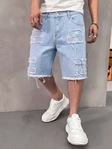 Men's Distressed Jean Shorts, Light Blue Washed Patchwork Design, Hip-Hop Street Style, Loose Fit Casual Mid-Length Pants