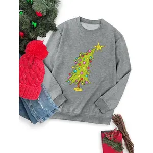 Women’s cartoon Christmas tree print drop shoulder sweatshirt, casual long-sleeve crewneck pullover for fall and winter, ladies’ clothing for everyday wear