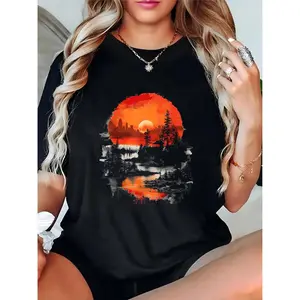 Women's Black Graphic T - Shirt with Sunset City Forest Lake Landscape Print | Casual Outdoor Daily Travel Fashion for Women Ladies Girls 100% Cotton T-shirt
