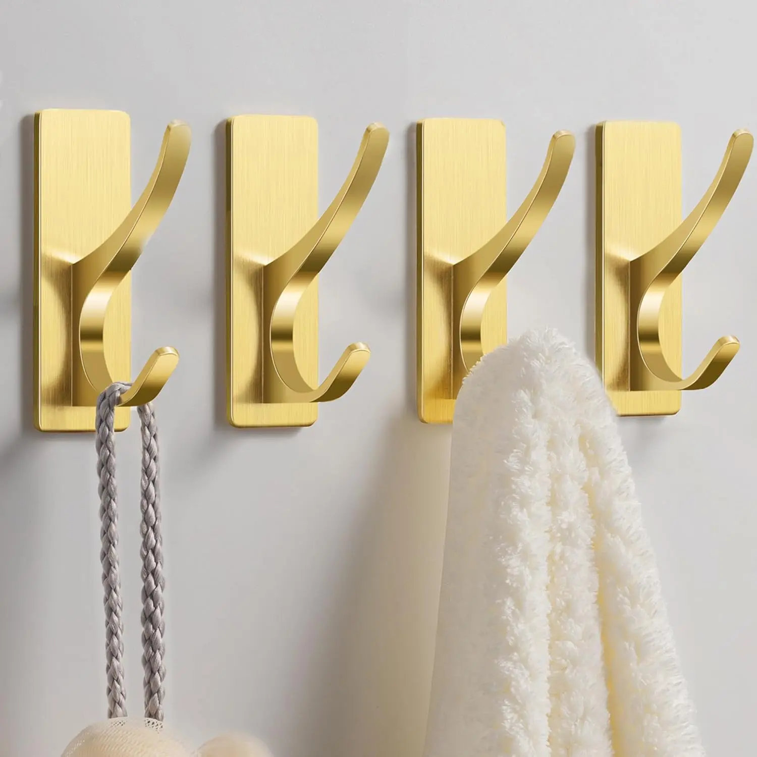 4-Pack Modern Adhesive Wall Hooks with Double-Sided Strips, Heavy-Duty Stainless Steel Double Wall Mount Hangers for Towel, Backpack in Bathroom, Bedroom (Synthetic Build), Adhesive Hooks