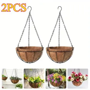 Home Balcony Decoration: 1 Round Metal Wire Hanging Basket with Plant Stand, Coconut Shell Coating, Suitable for Garden, Outdoor Metal Planter