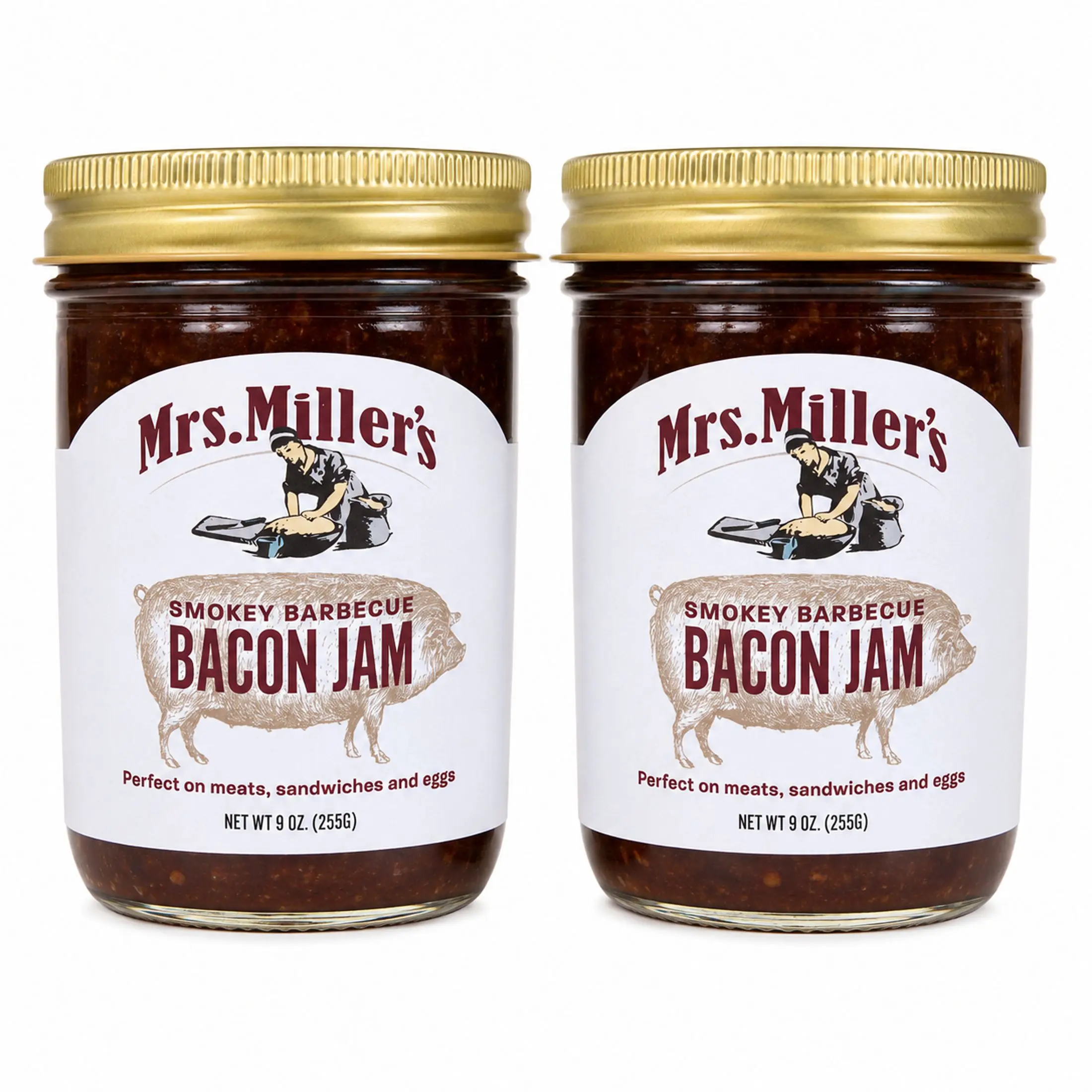 Mrs. Miller's Smokey Barbecue Bacon Jam 2 Pack 9 oz Sweet & Savory Bacon Spread for Burgers, Sandwiches, Cheese Boards & Grilling